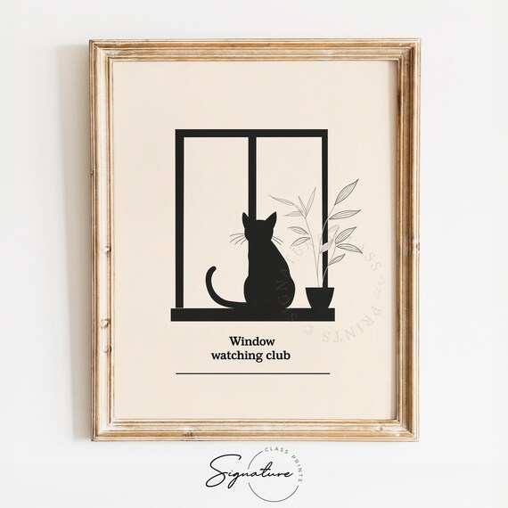 Window Watching Club Minimalist Black Cat Silhouette Line Wall Art