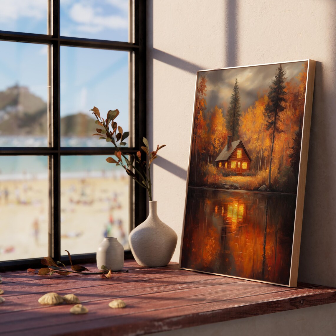 Cozy Autumn Cabin by the Lake Vintage Art Print - Image 5
