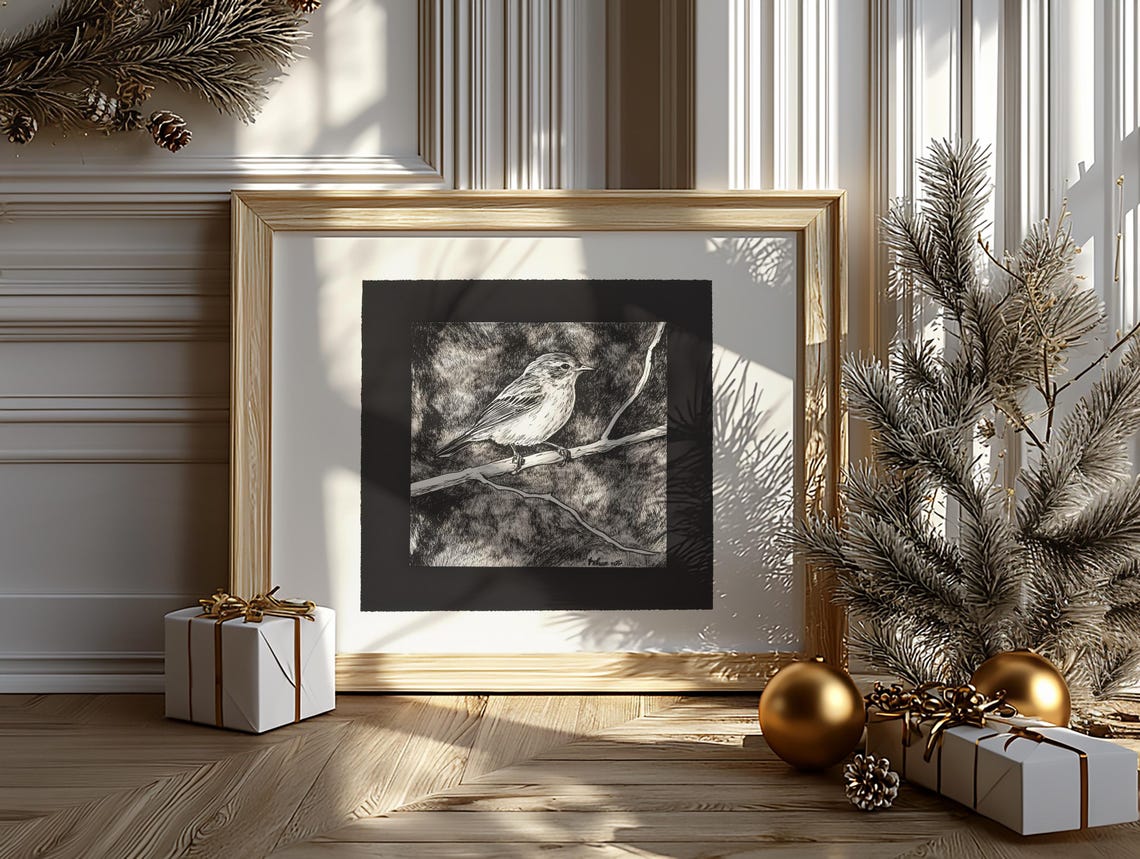 Songbird On Branch Dark Background Rustic Black And White Poster - Image 2
