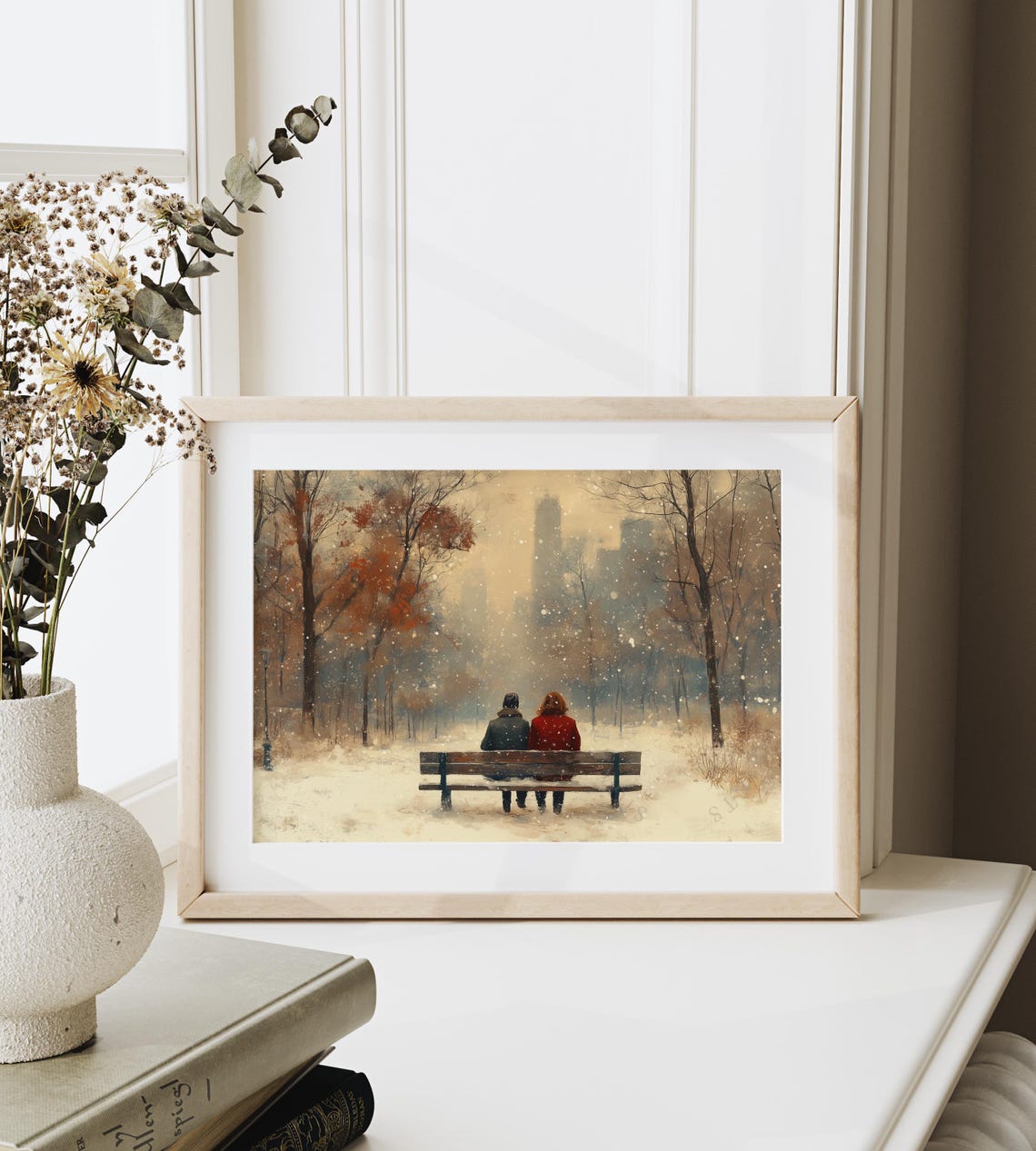 Couple On Park Bench In Falling Snow Romantic Winter Scene Poster - Image 6