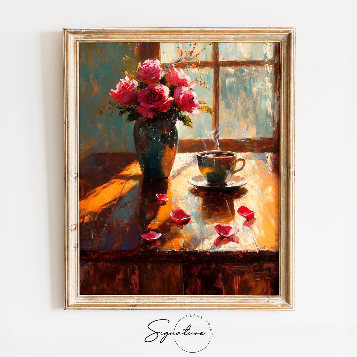 Vintage Coffee Cup With Pink Roses Sunlit Window Rustic Wall Art