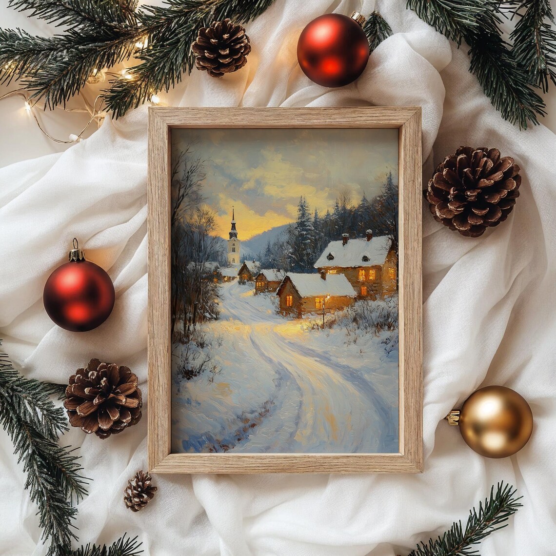 Snowy Village Church at Sunset with Glowing Cottages Holiday Poster - Image 4
