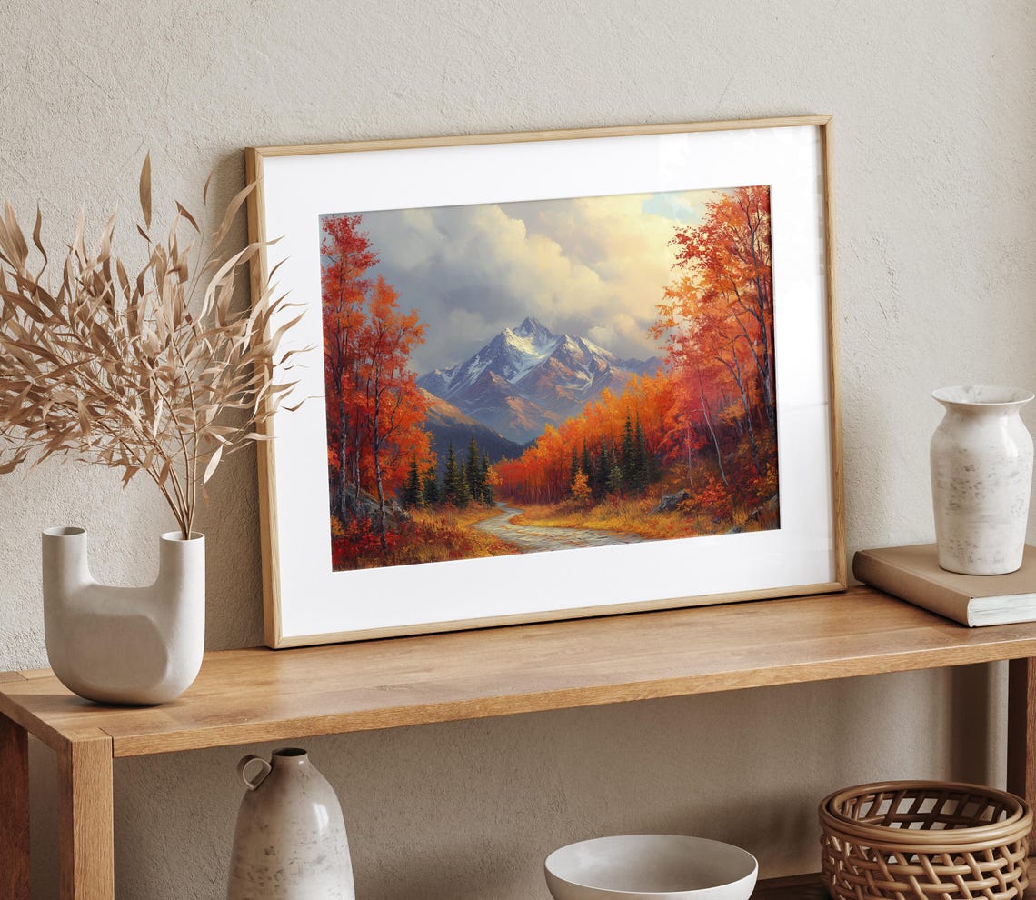 Cobblestone Path Autumn Forest Mountain Peak Oil Painting Poster - Image 4