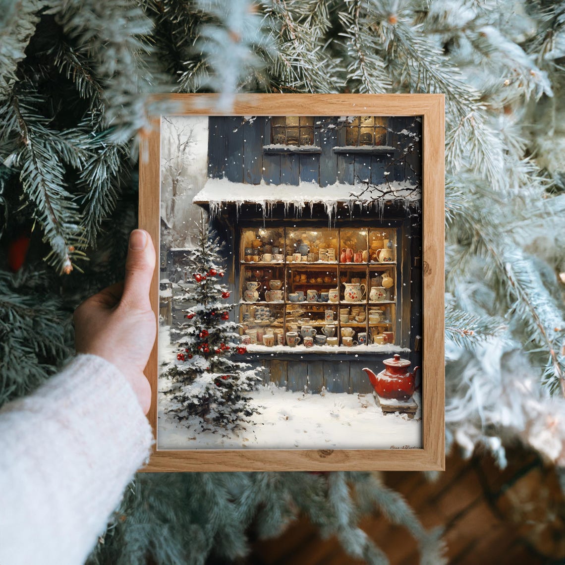 Cozy Winter Shop Window with Mugs and Teapots Snow Scene Poster - Image 6