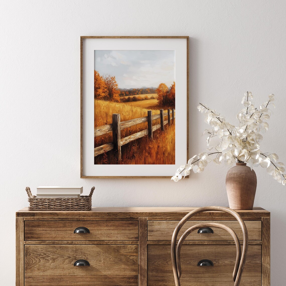 Rustic Wooden Fence Winding Through Golden Autumn Field to Treeline Wall Art - Image 5