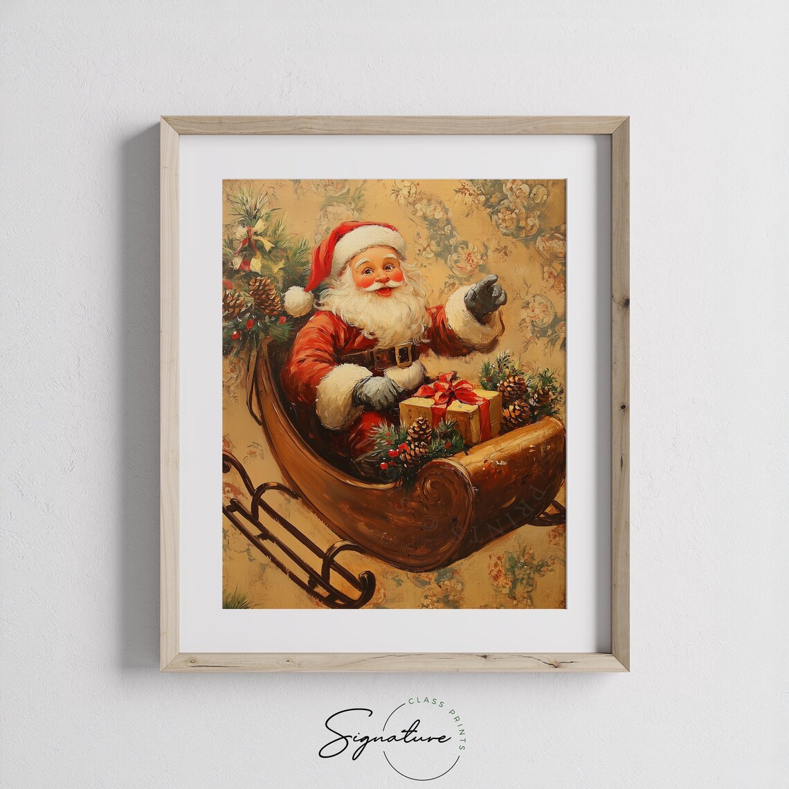 Santa Claus Riding Wooden Sleigh with Gift Vintage Christmas Print - Image 2