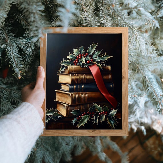Vintage Books Christmas Decorations Cozy Holiday Still Life Rustic Christmas Decor Moody Cottagecore Art Print Wall Art 2113
