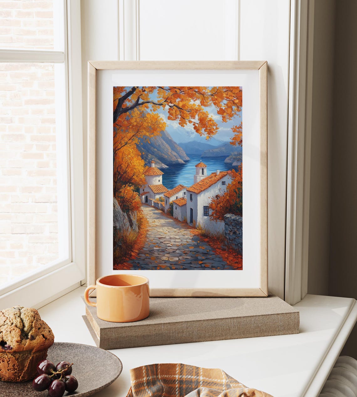 Mediterranean Seaside Village Autumn Trees Coastal Bay View Poster - Image 6