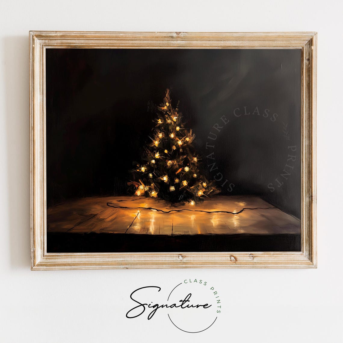 Small Glowing Christmas Tree With Warm Lights in a Dark Room Poster