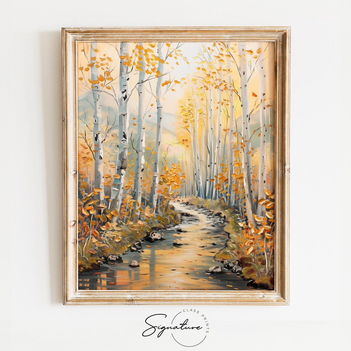 Golden Aspen Grove with Flowing Creek in Autumn Forest Poster