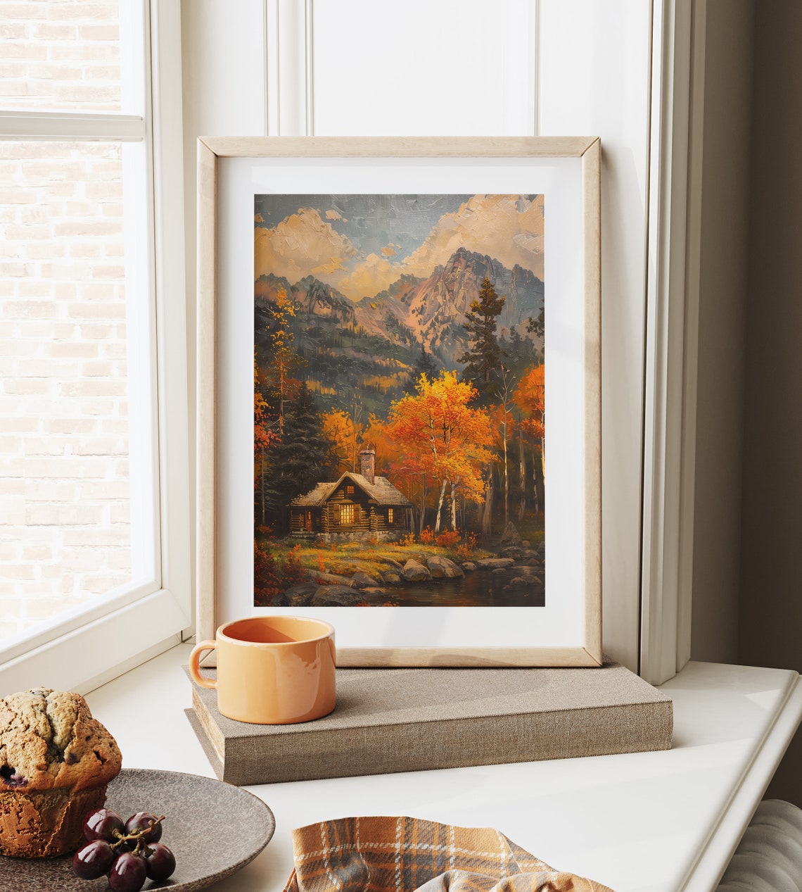 Cozy Log Cabin In Autumn Forest Beneath Rugged Mountain Peaks Poster - Image 6