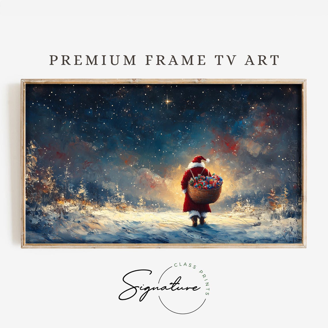 Santa Claus Carrying Sack Of Toys Winter Frame Tv Art Starlit Night Christmas Scene Vintage Holiday Tv Art Festive Christmas Decor 2328