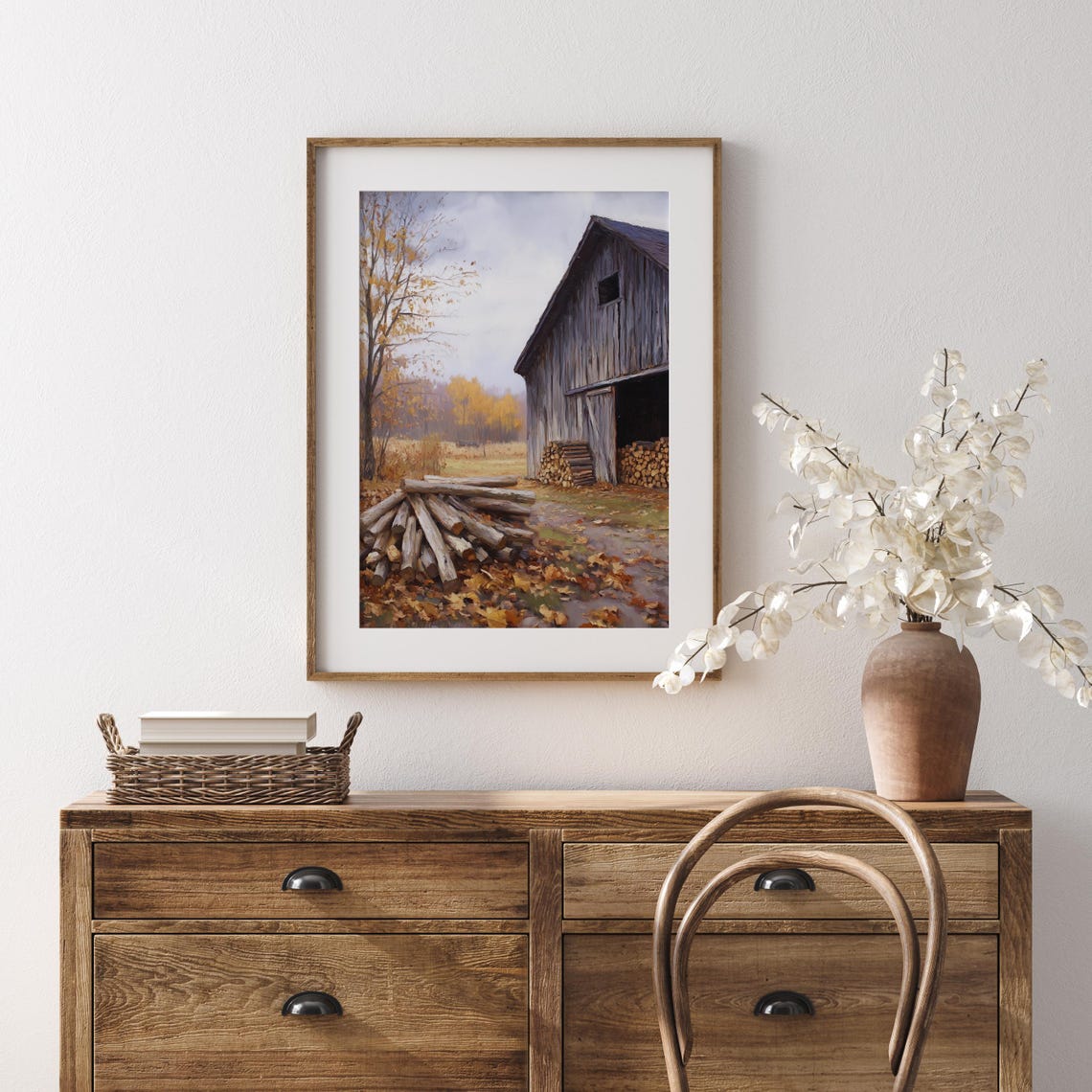 Weathered Gray Barn Firewood Stack Fall Harvest Country Painting Print - Image 5
