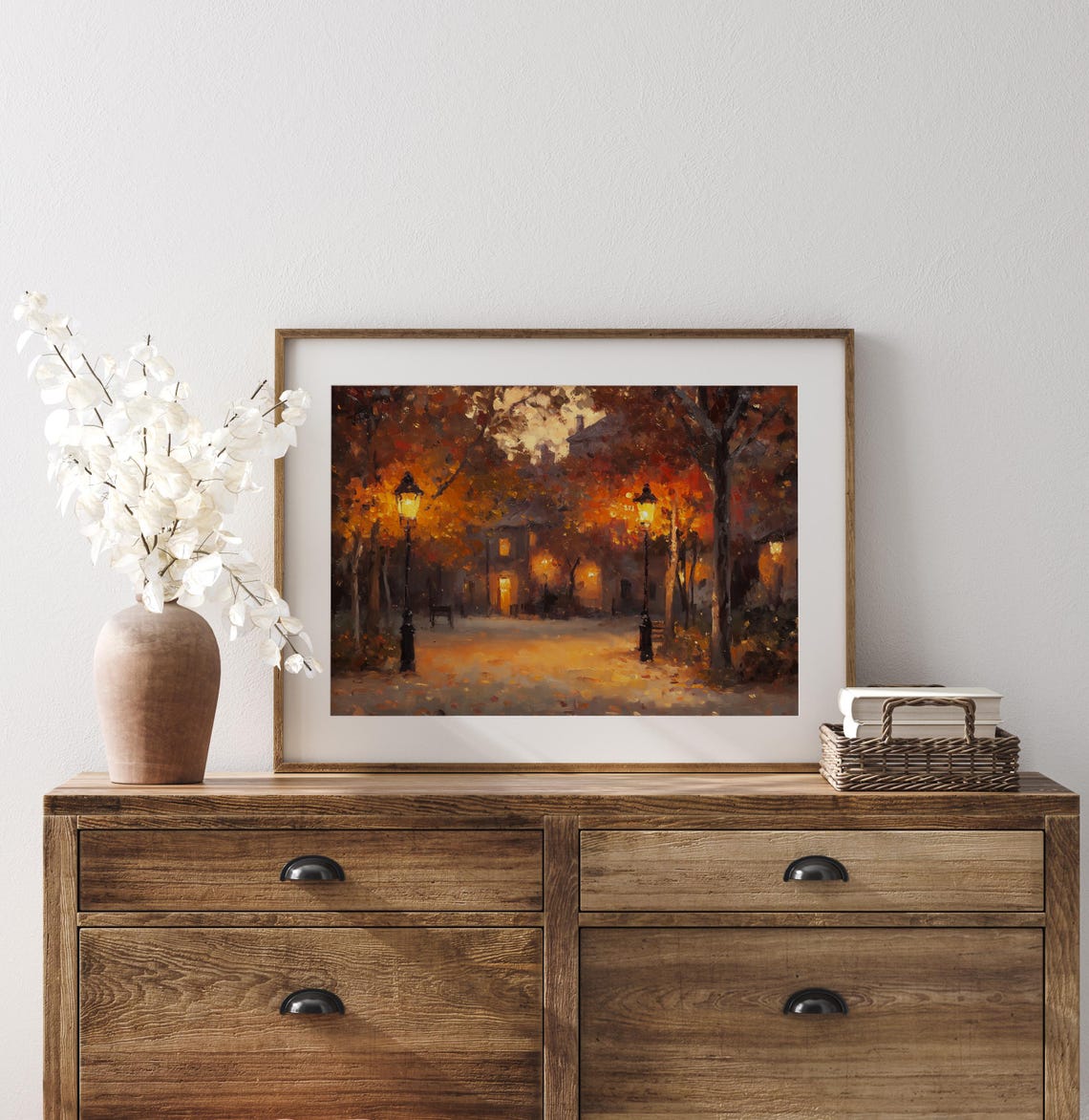 Cozy Autumn Town Square Dusk Lamp Lit Streets Moody Fall Art Poster - Image 3