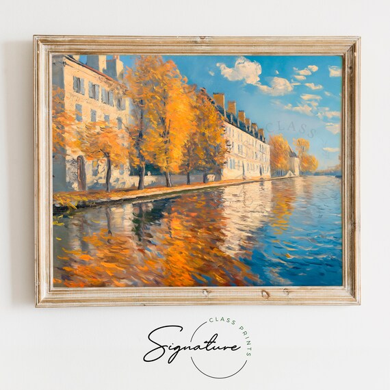 Autumn Riverside City With Fall Trees Reflective Blue Water Poster