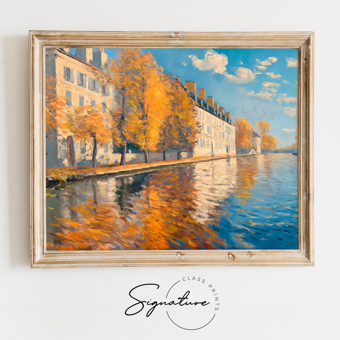 Autumn Riverside City With Fall Trees Reflective Blue Water Poster
