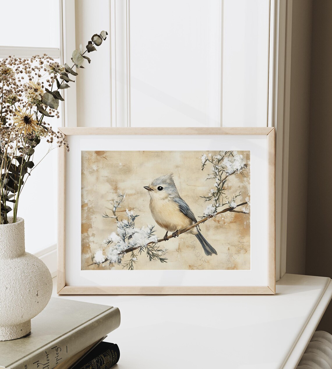 Tufted Titmouse On Snowy Winter Branch Soft Vintage Bird Painting Poster - Image 6