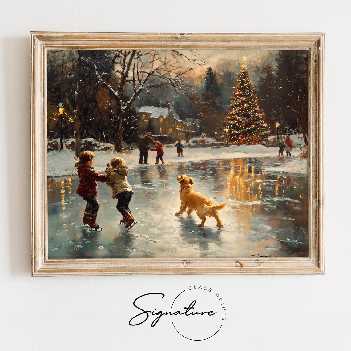 Children and Golden Retriever in Snow, Rustic Winter Art Print