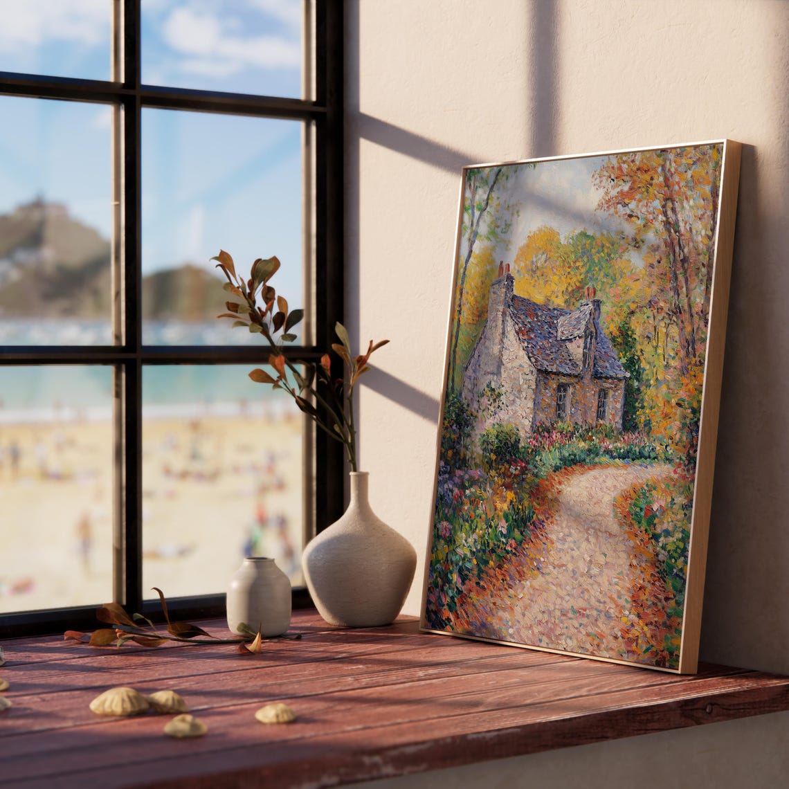 Cozy Stone Cottage Autumn Garden Impressionist Landscape Poster - Image 5