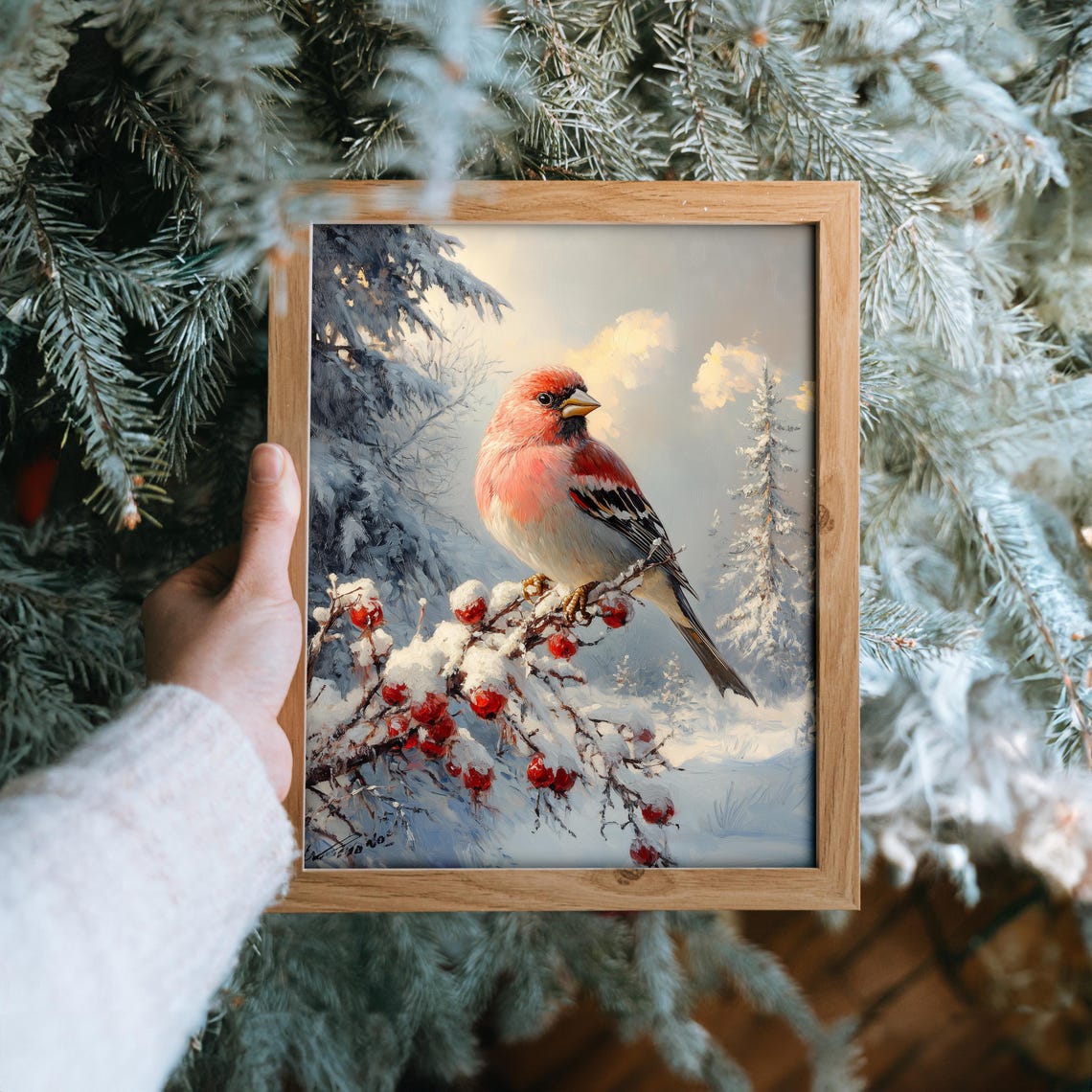 Charming Pine Grosbeak Bird On Snowy Berry Branch Wildlife Poster - Image 6
