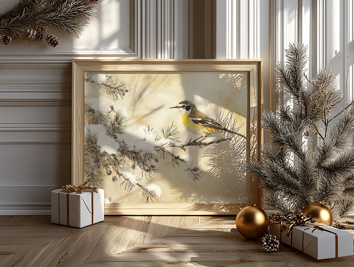 Yellow Wagtail on Snow Dusted Juniper Branch Winter Bird Poster - Image 6