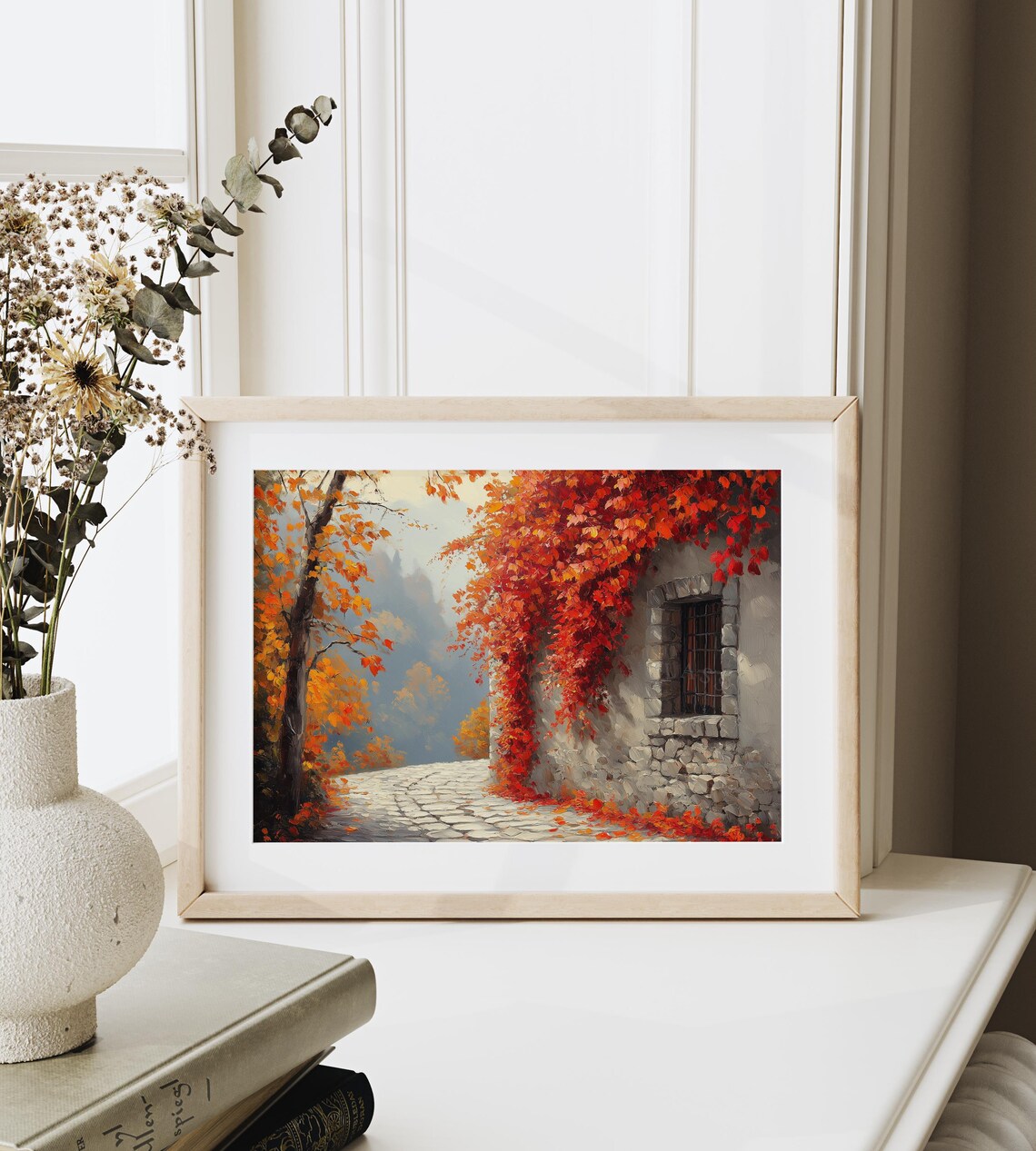 Cobblestone Lane Past Stone Wall Covered in Crimson Autumn Ivy Wall Art - Image 6