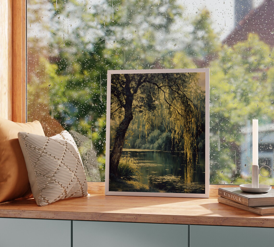 Weeping Willow Painting, Serene Pond Landscape - Image 2