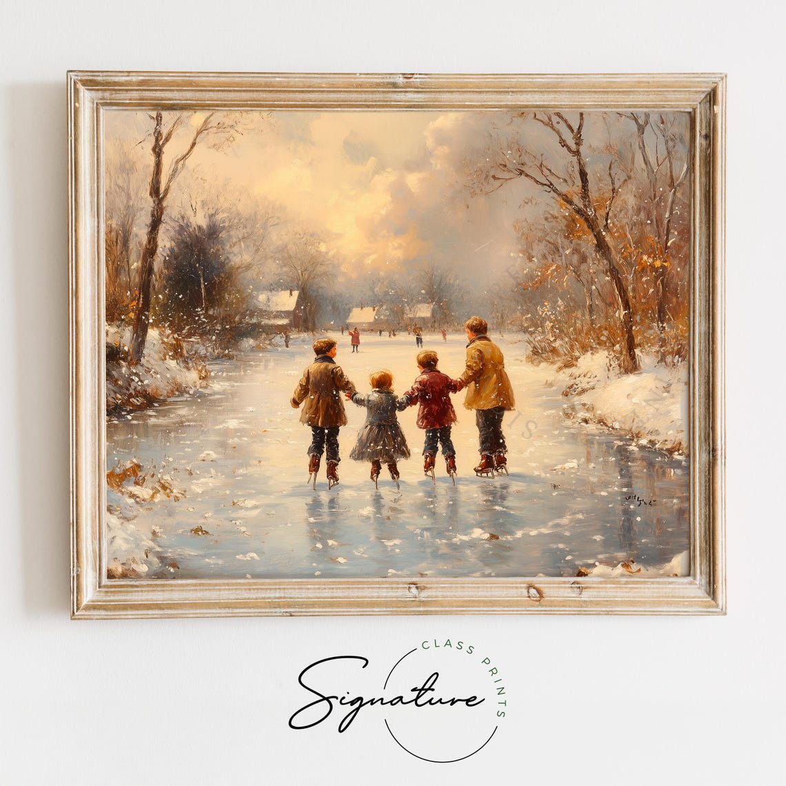 Four Children Ice Skating On A Frozen Pond At Golden Sunset Poster