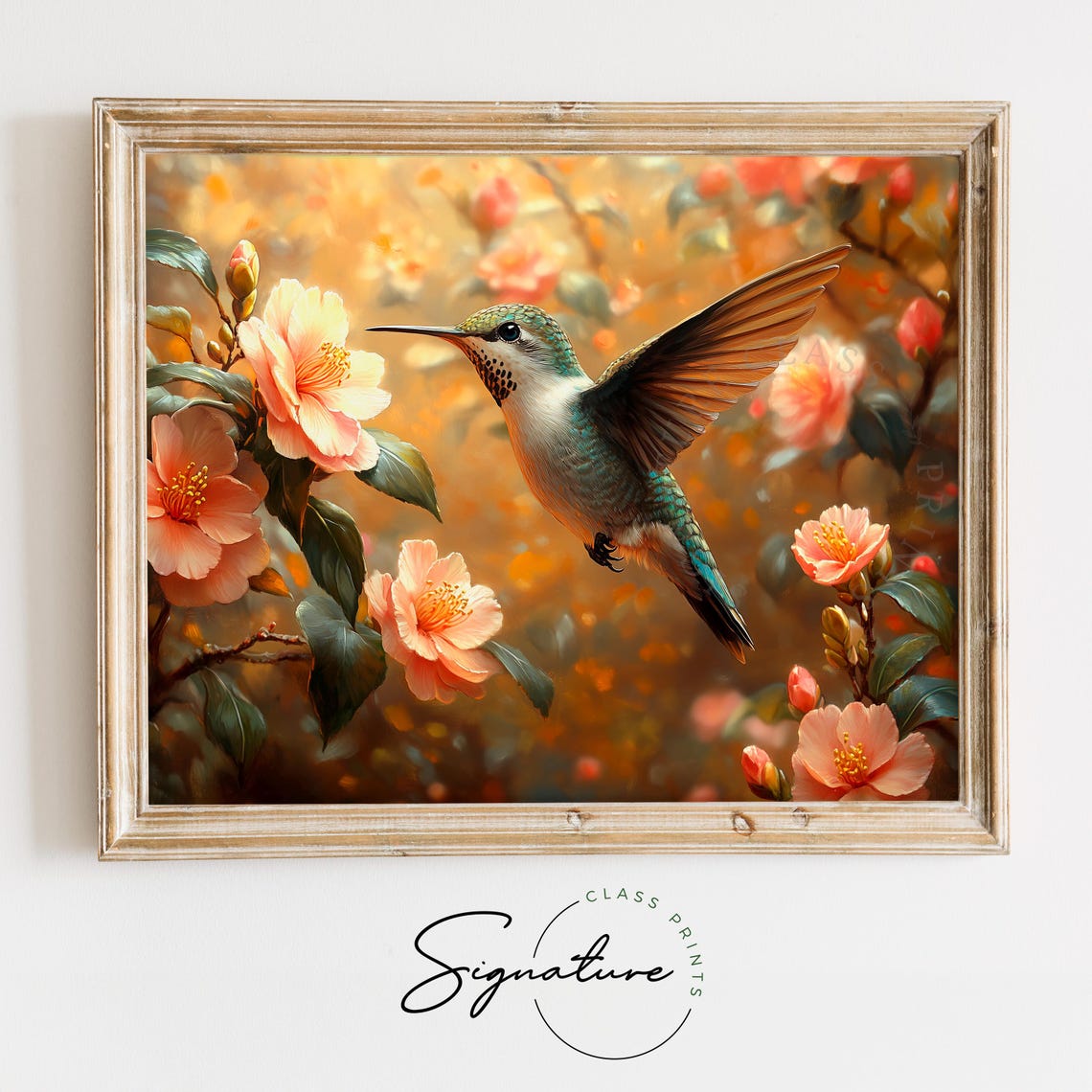 Hummingbird Among Peach Camellia Blossoms Golden Floral Wall Art