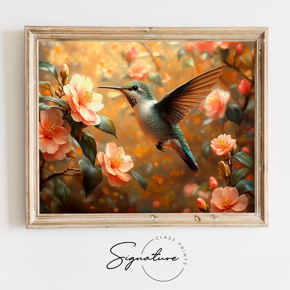 Hummingbird Among Peach Camellia Blossoms Golden Floral Wall Art