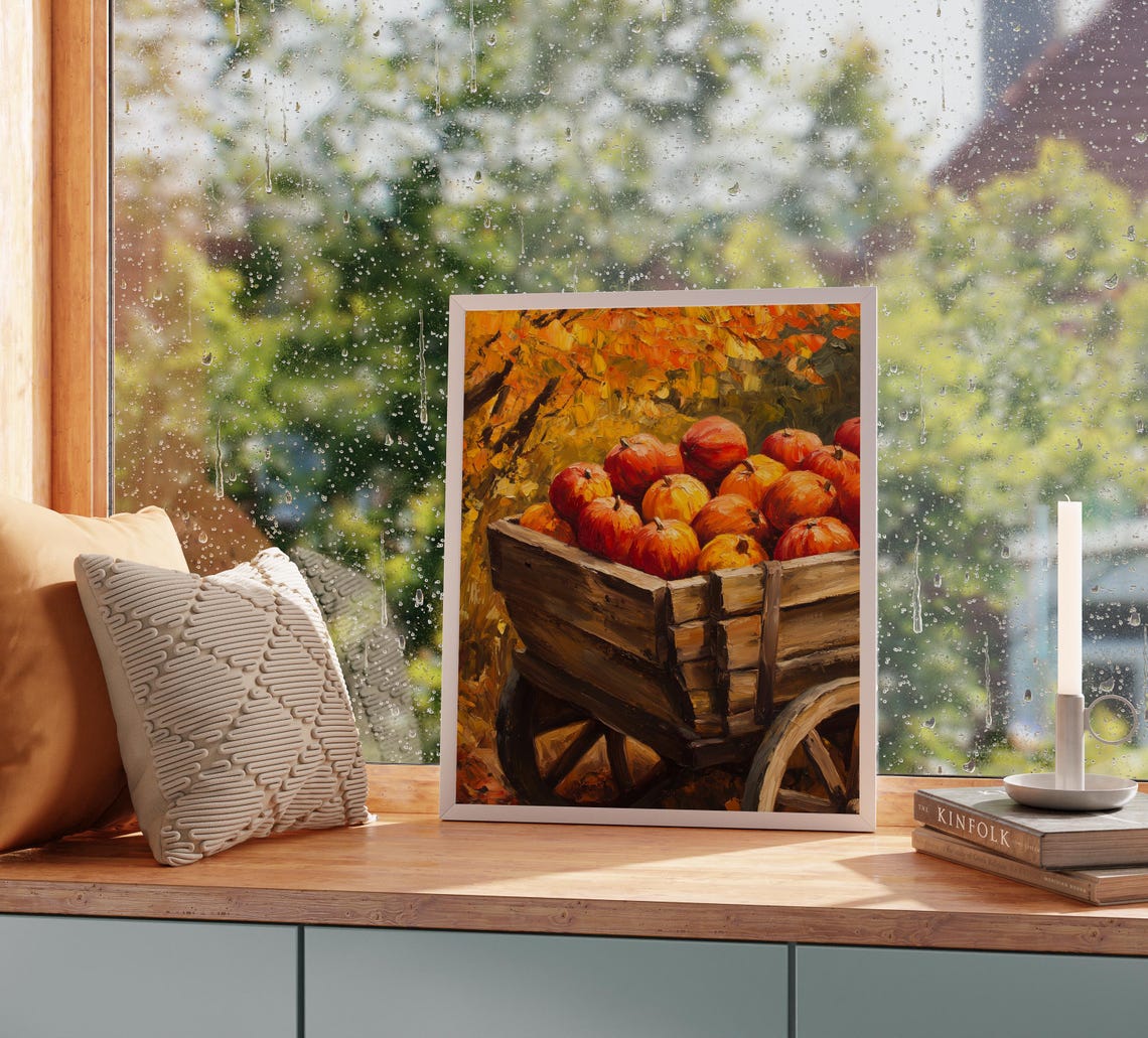 Wooden Wagon Overflowing with Red Apples Under Golden Trees Poster - Image 2