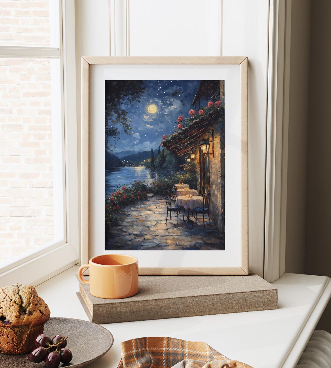 Lakeside Patio At Night Moonlit Roses Romantic Restaurant Wall Art - Image 4