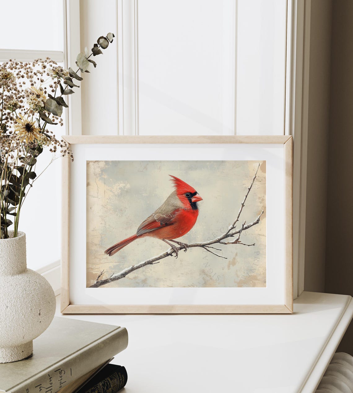 Vibrant Red Cardinal Perched On Frosted Winter Branch Vintage Poster - Image 6