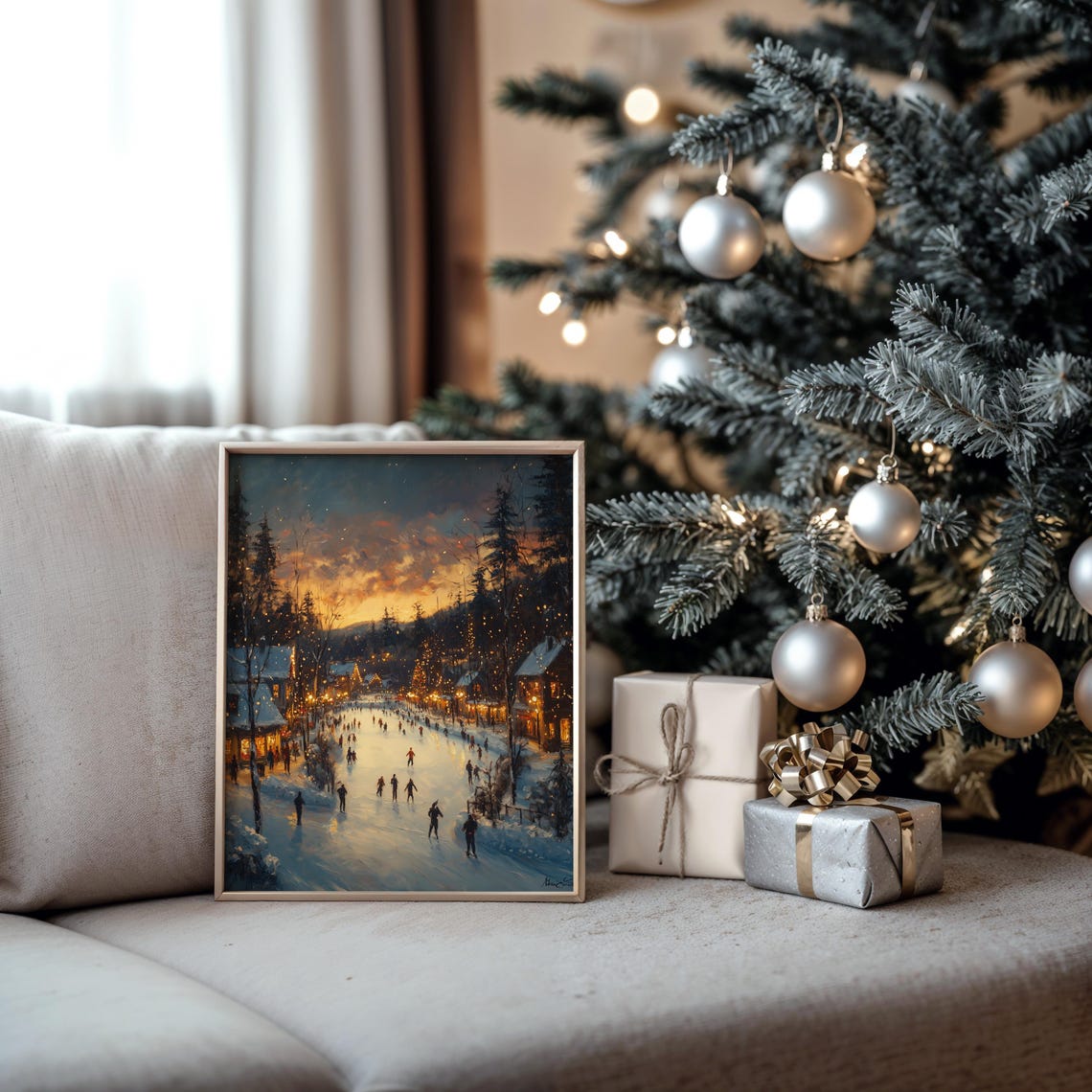 Ice Skaters on Frozen Pond in Lit Village at Winter Dusk Poster - Image 5