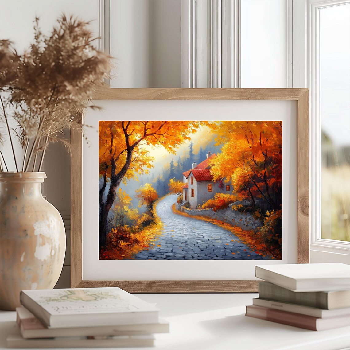 Cobblestone Village Road Curving To Golden Hills House Autumn Poster - Image 2