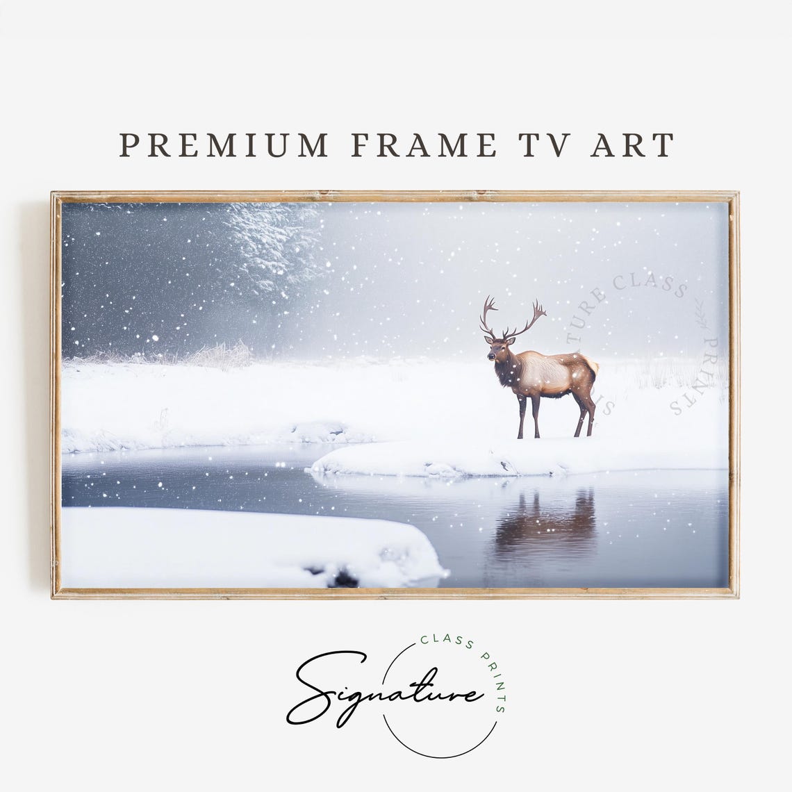Elk Standing by Frozen Pond Falling Snow Winter Wildlife Poster