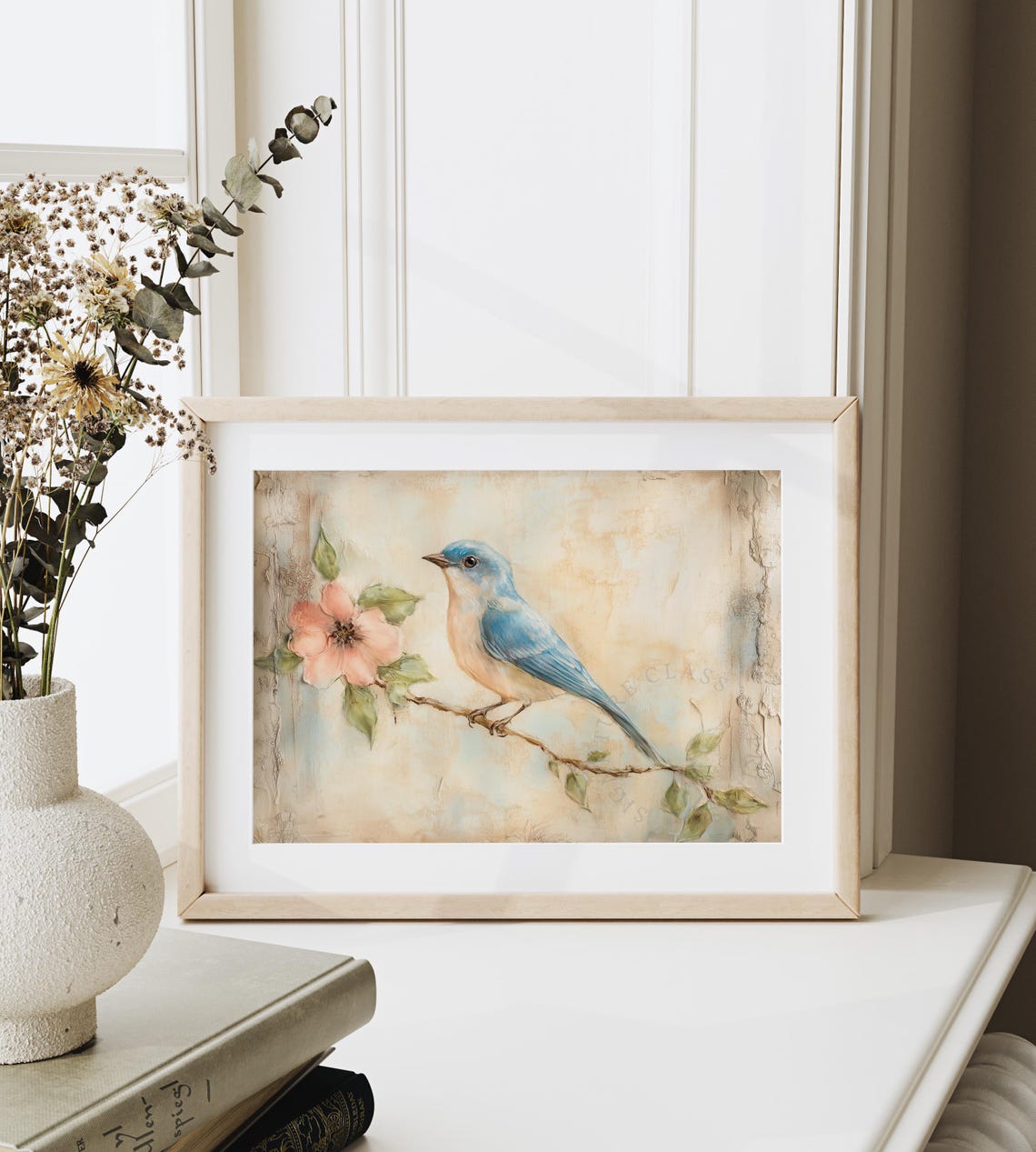 Dreamy Bluebird On Blossom Branch Vintage Bird Art Pastel Print - Image 6
