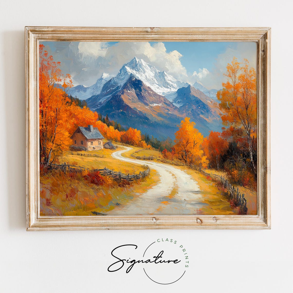 Cabin Autumn Forest Dirt Road Snowy Peak Oil Painting Poster