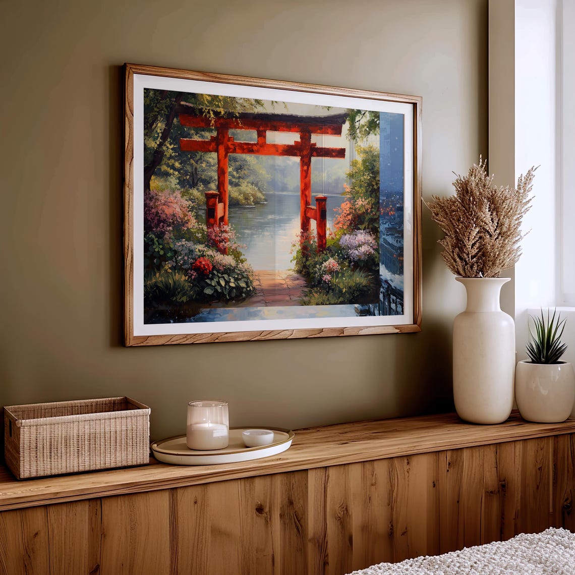 Japanese Torii Gate Floral Garden Lakeside Serene Asia Travel Poster - Image 4
