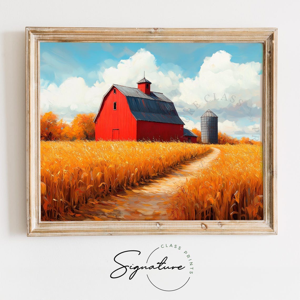 Red Barn Silo Dirt Road Golden Field Oil Painting Farm Poster