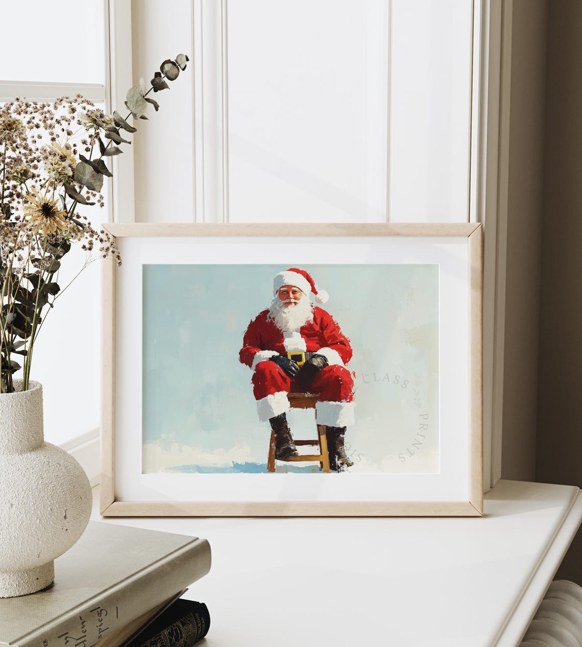Santa Claus Seated Portrait Teal Background Painterly Holiday Poster - Image 6