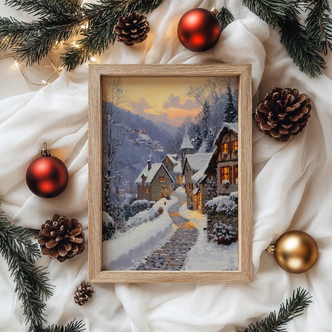 Alpine Winter Village at Dusk Snowy Cobblestone Street Poster - Image 4