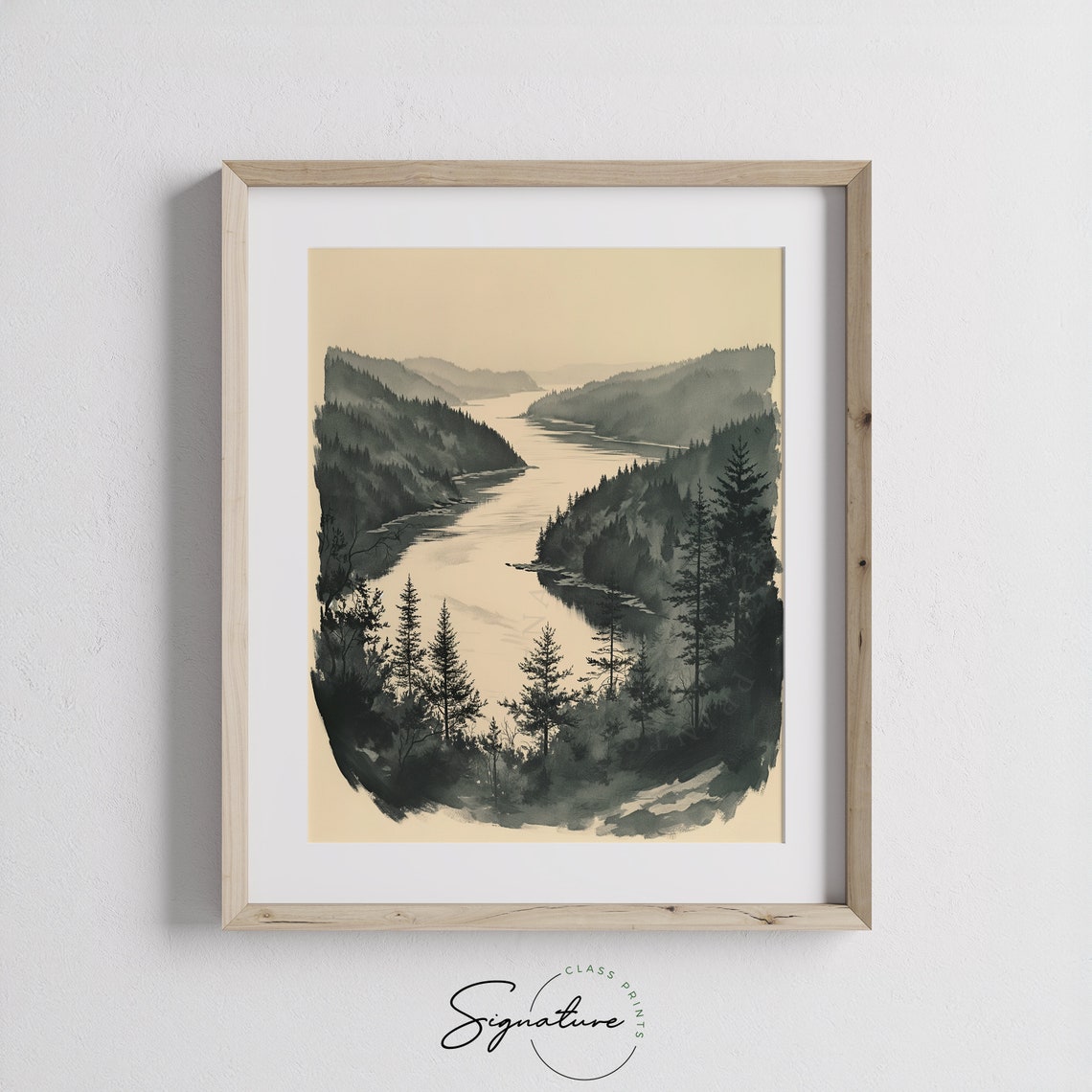 Curving River Through Deep Forested Valley Monochrome Ink Poster - Image 3