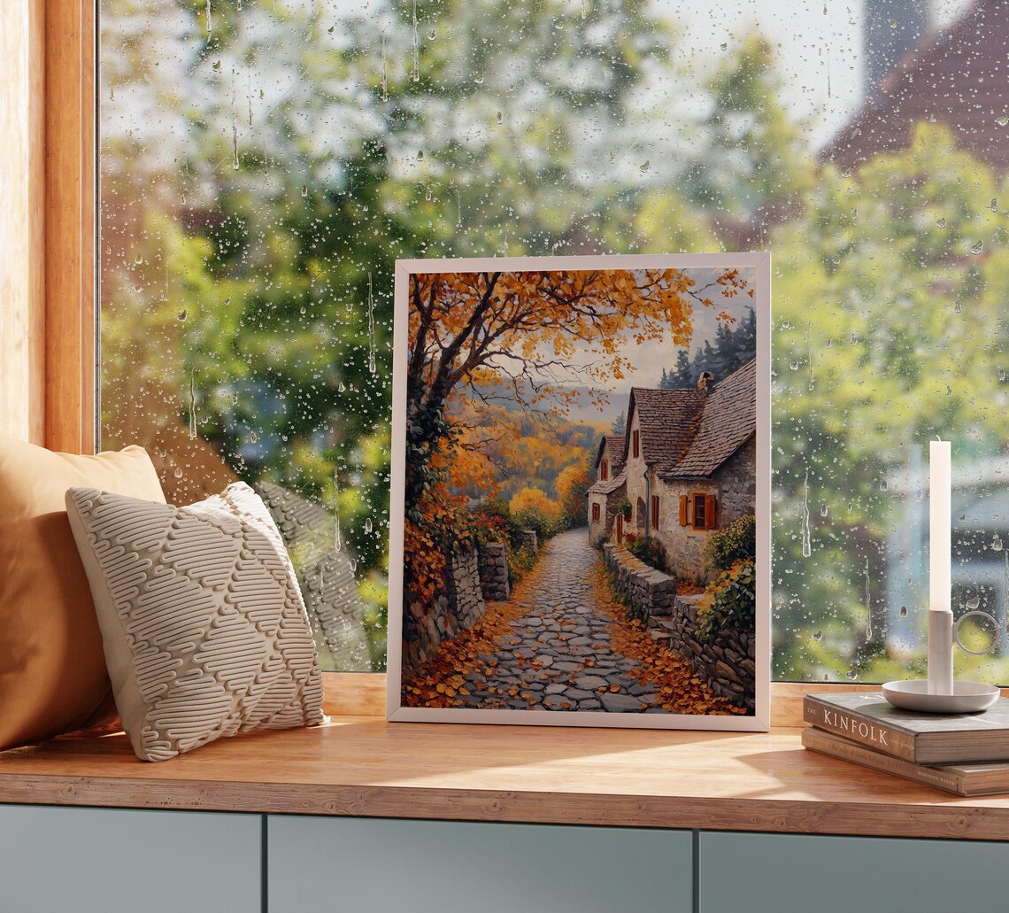 Cobblestone Village Lane, Rustic Autumn Landscape Art Print - Image 2