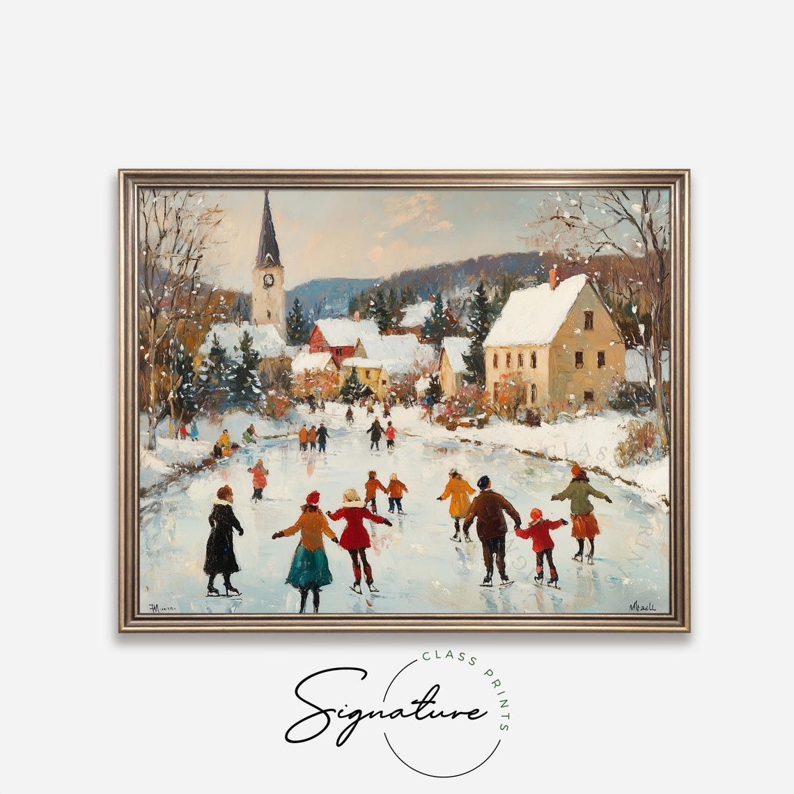Snowy Village Ice Skating Scene With Church Steeple Clock Poster - Image 4