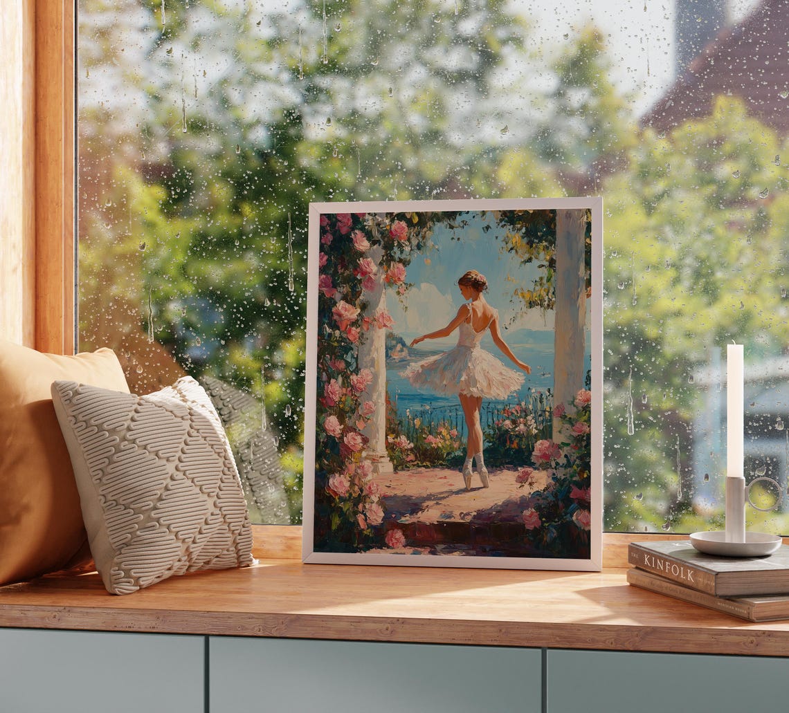 Ballerina on Rose Covered Terrace Overlooking Blue Sea Poster - Image 2