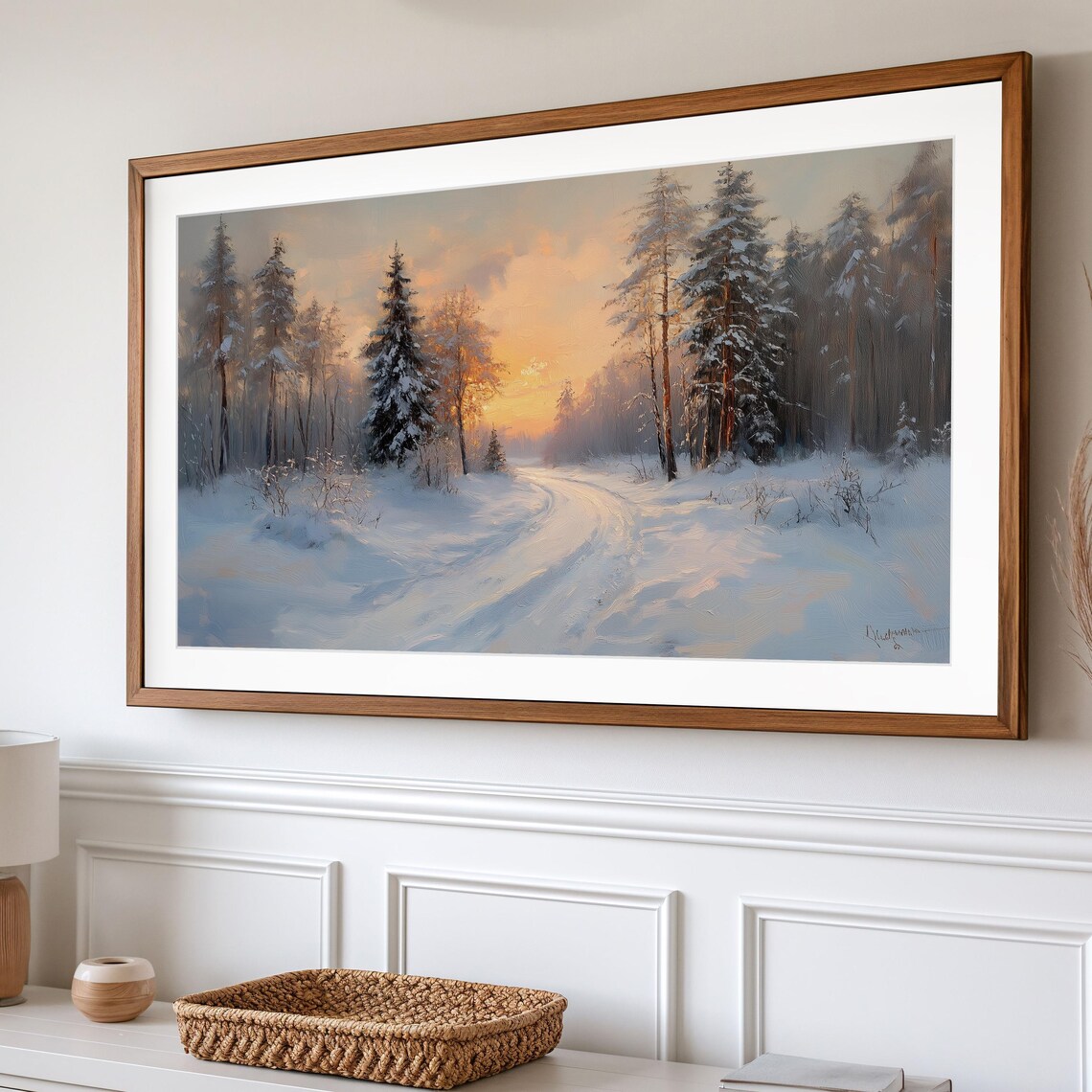 Snowy Pine Forest Road At Golden Winter Sunset Moody Landscape Art Poster - Image 2