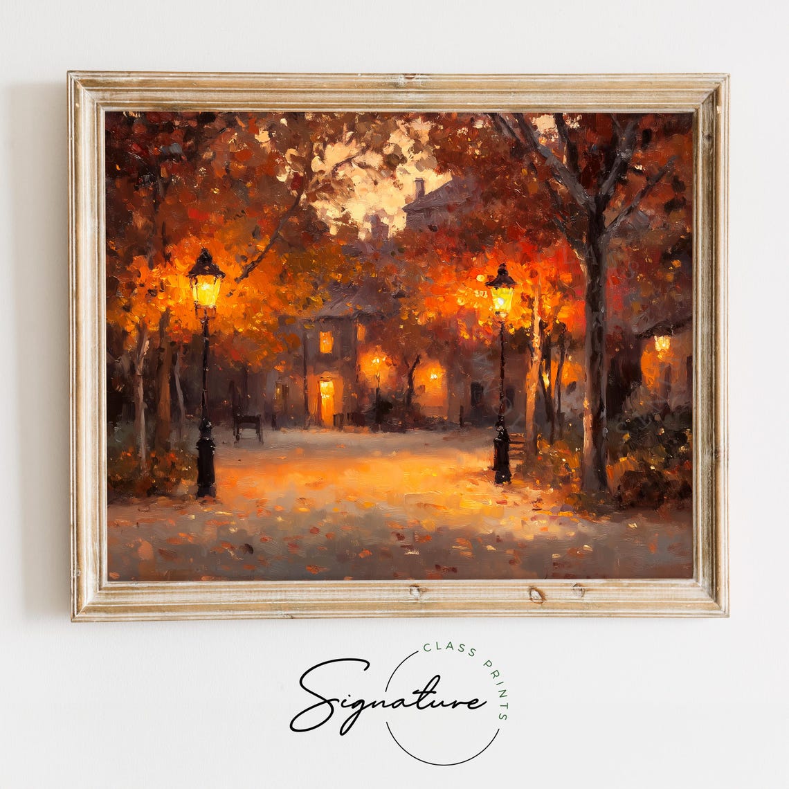 Cozy Autumn Town Square Dusk Lamp Lit Streets Moody Fall Art Poster