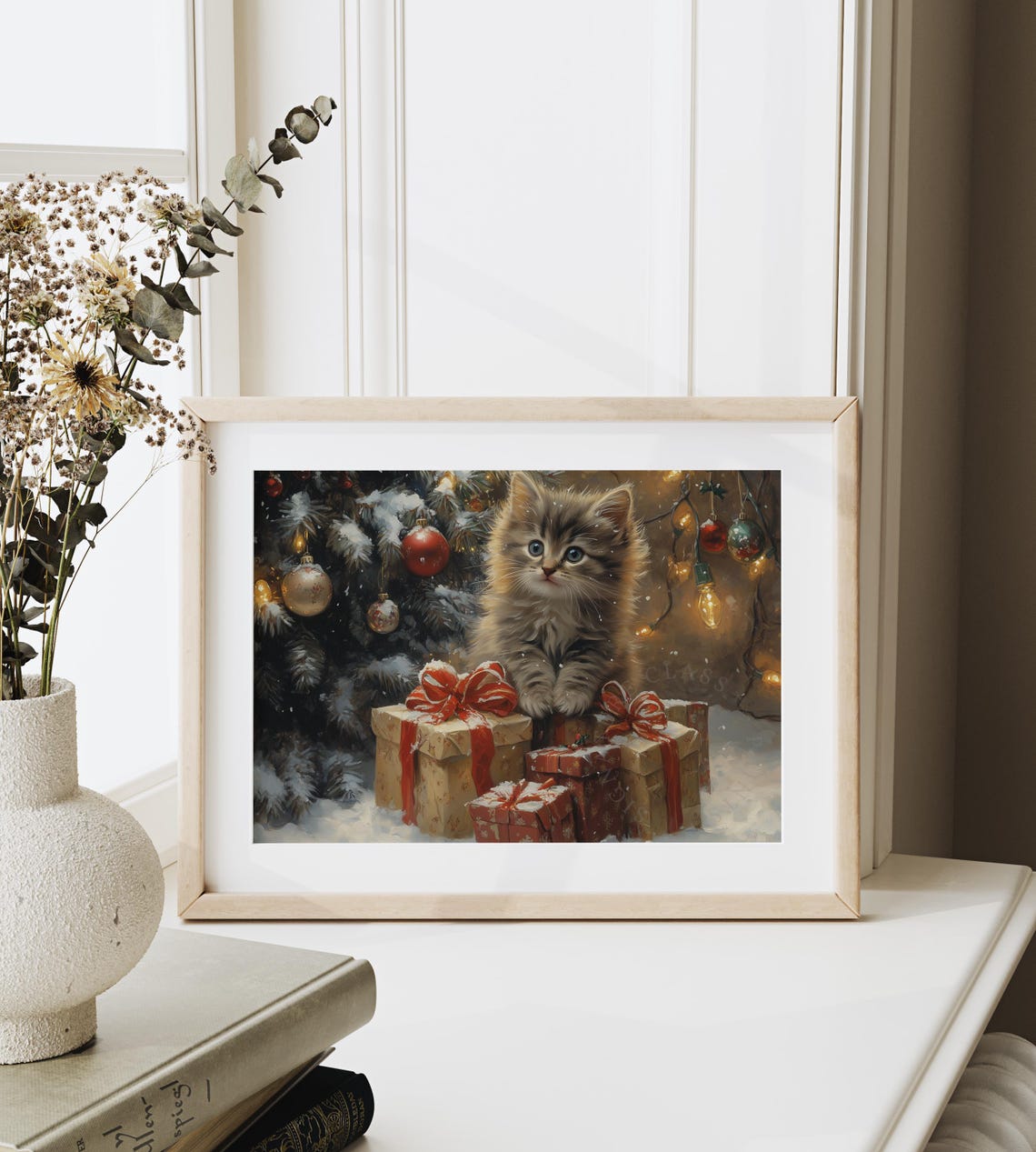 Fluffy Gray Kitten Among Wrapped Gifts with Red Bows at Night Poster - Image 6