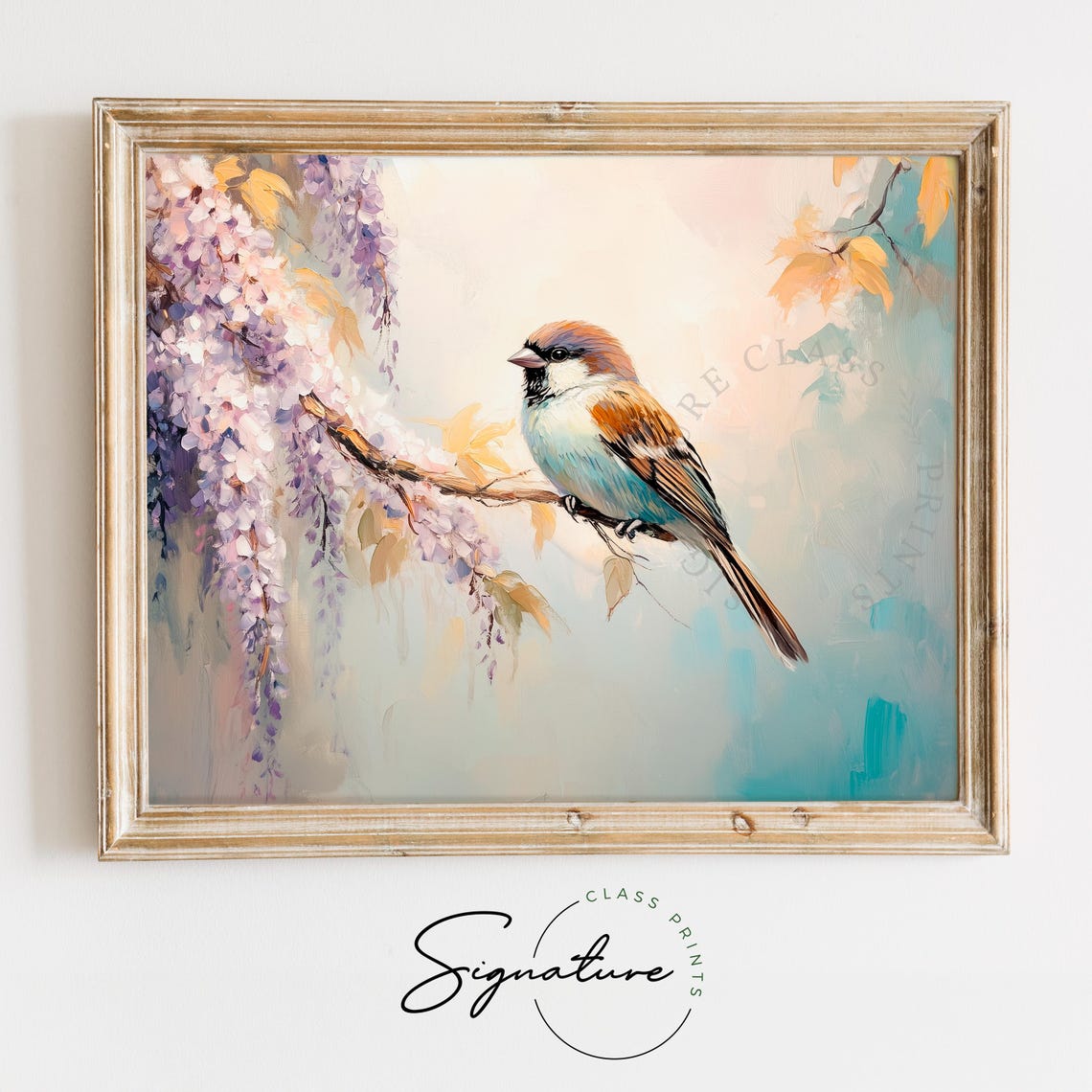 Tree Sparrow On Wisteria Branch With Pale Lilac Blossoms Poster